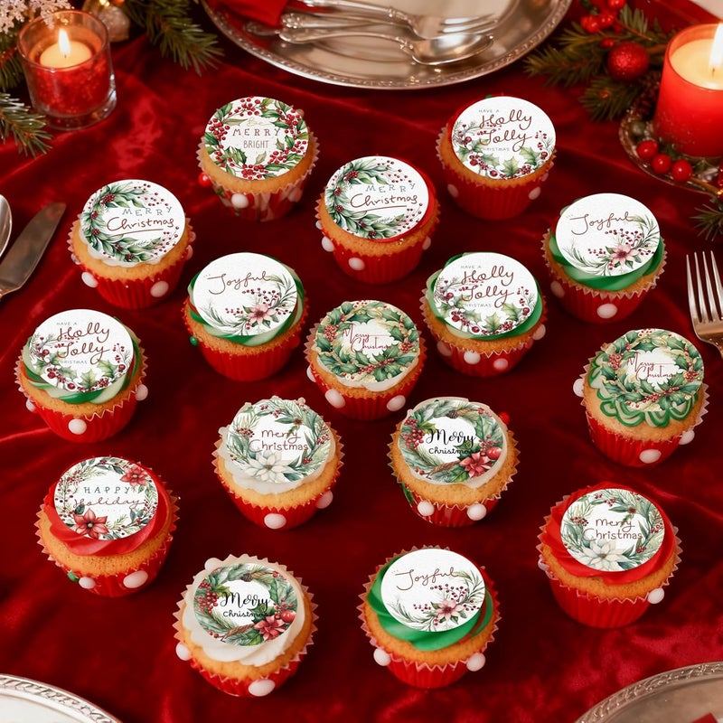Fyeoxle 36PCS Edible Merry Christmas Cupcake Toppers Wafer Paper Holly Jolly Cupcake Toppers Holly Leaves Berry Cake Picks for Christmas Theme Party Baby Shower Birthday Supplies - Image 5